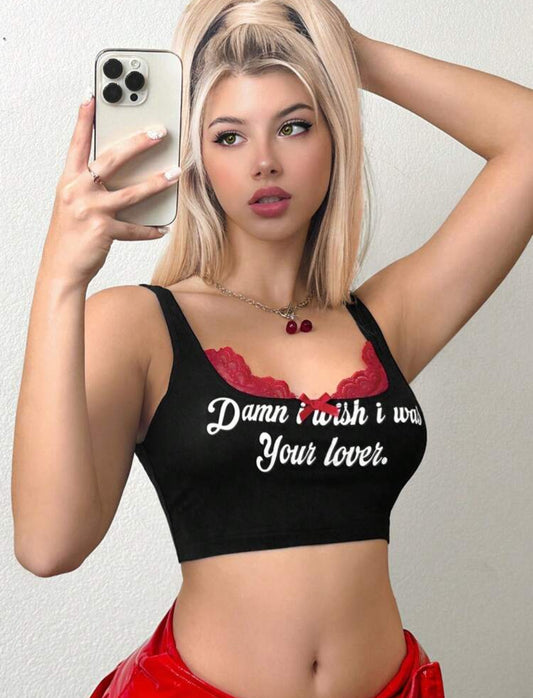 Sweetina Women'sY2k Outfits Sexy Print Patch And Tie-Dye Lace Camisole Black SummerTank Tops