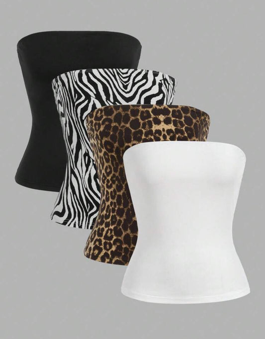 SHEIN EZwear 4pcs/Set
Autumn Winter Essentials Black
White Striped & Leopard Print Crop
Tops