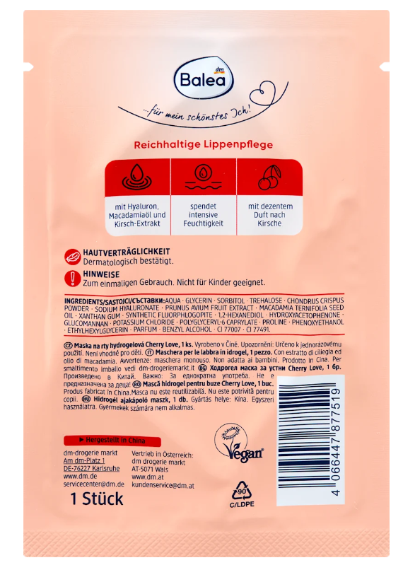 Balea Masque Lèvres Hydrogel Cherry Love – Hydratation Intense à l’Hyaluron (1 Pièce) - GlamShopTN