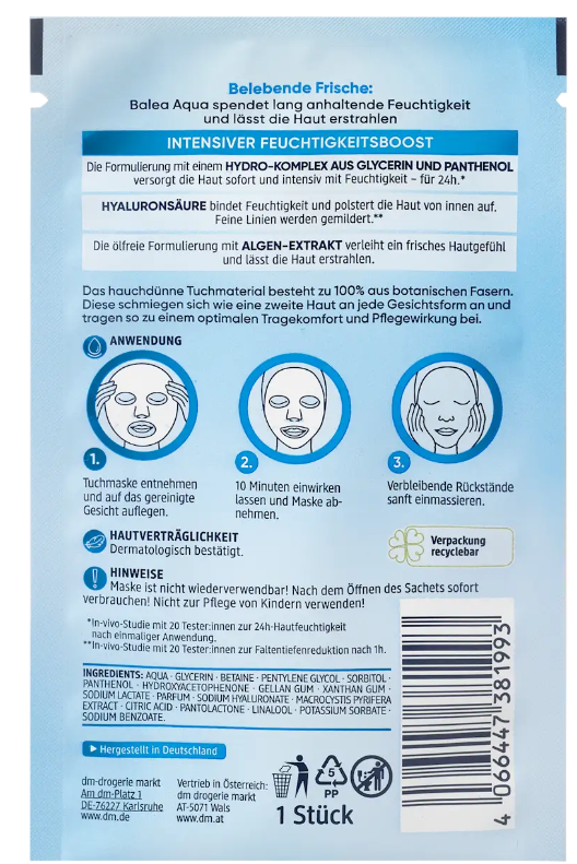 Balea Masque Tissu Aqua – Hydratation Intense à l’Acide Hyaluronique (1 Pièce) - GlamShopTN