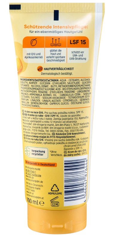 Balea Crème pour les Mains Q10 à l’Huile d’Abricot & SPF 15 – Soin Lissant 100 ml - GlamShopTN