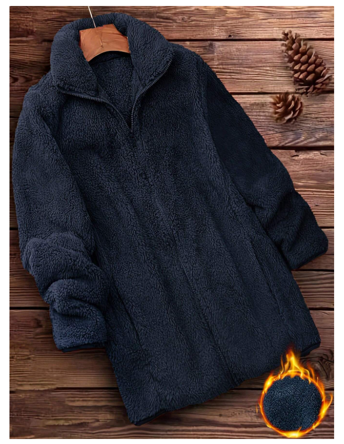 Manteau Teddy uni à fermeture éclair – Bleu marine | Style casual - GlamShopTN