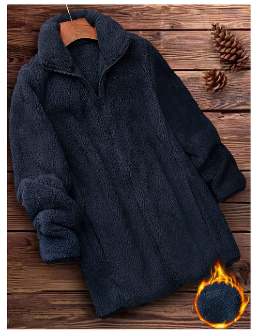 Manteau Teddy uni à fermeture éclair – Bleu marine | Style casual - GlamShopTN