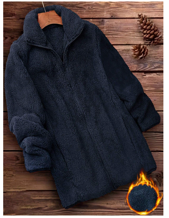 Manteau Teddy uni à fermeture éclair – Bleu marine | Style casual - GlamShopTN