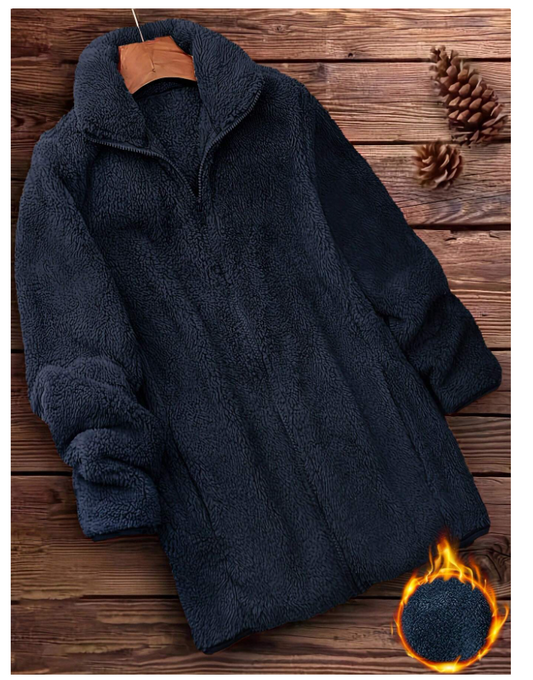 Manteau Teddy uni à fermeture éclair – Bleu marine | Style casual - GlamShopTN